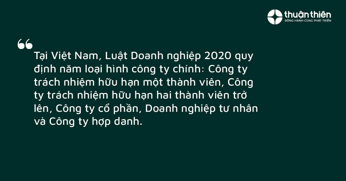 Tại Việt Nam, Luật Doanh nghiệp 2020 quy định năm loại hình công ty chính: Công ty trách nhiệm hữu hạn một thành viên, Công ty trách nhiệm hữu hạn hai thành viên trở lên, Công ty cổ phần, Doanh nghiệp tư nhân và Công ty hợp danh.
