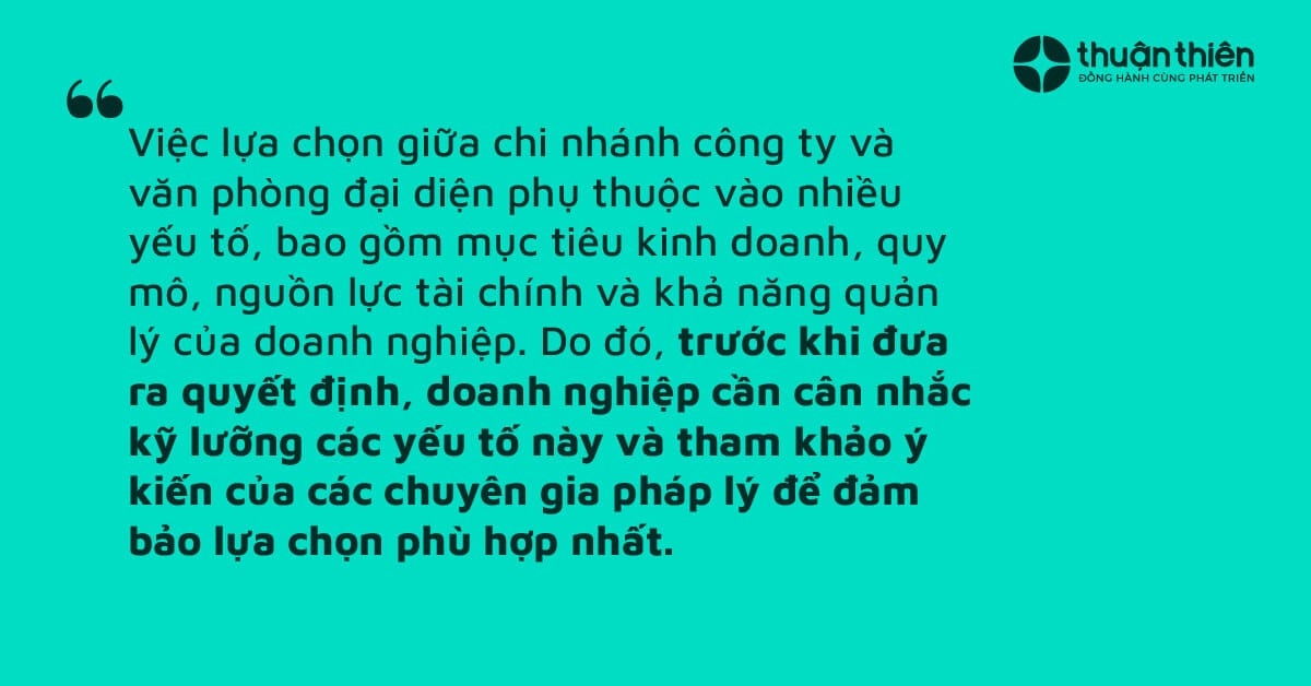 Việc lựa chọn giữa chi nhánh công ty và văn phòng đại diện phụ thuộc vào nhiều yếu tố, bao gồm mục tiêu kinh doanh, quy mô, nguồn lực tài chính và khả năng quản lý của doanh nghiệp.