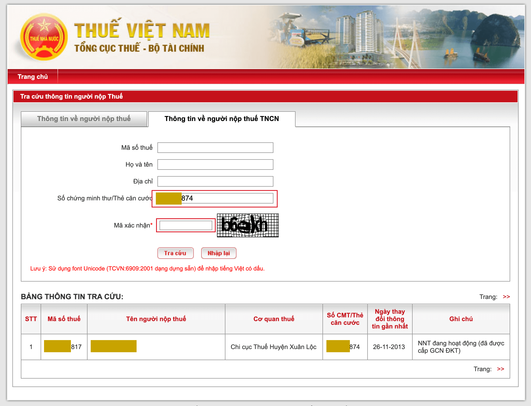 Điền thông tin CCCD hoặc CMND và điền "mã kiểm tra"