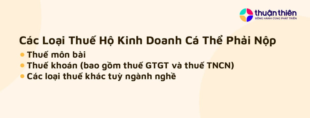 Hộ kinh doanh cá thể cần nắm rõ ba loại thuế chính: thuế môn bài, thuế khoán (bao gồm thuế GTGT và thuế TNCN), và các loại thuế khác tùy ngành nghề.