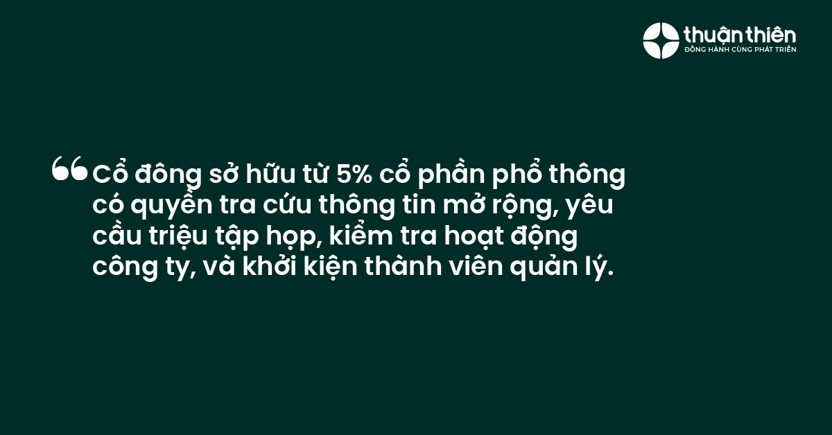Cổ đông sở hữu từ 5% cổ phần phổ thông có quyền tra cứu thông tin mở rộng, yêu cầu triệu tập họp, kiểm tra hoạt động công ty, và khởi kiện thành viên quản lý.