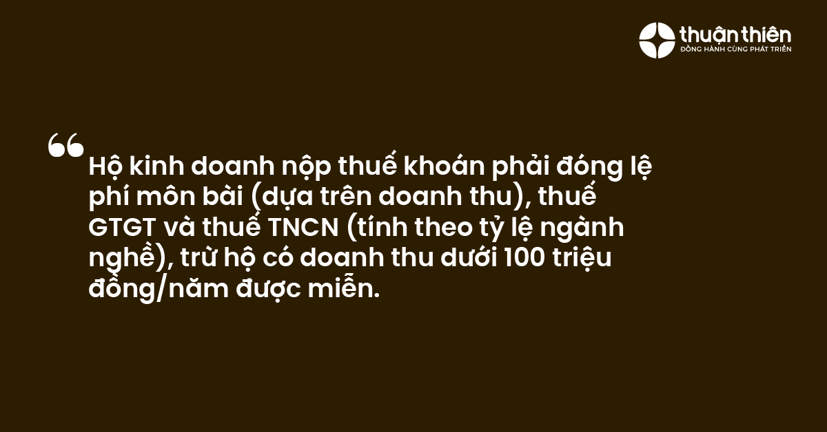 Hộ kinh doanh nộp thuế khoán phải đóng lệ phí môn bài (dựa trên doanh thu), thuế GTGT và thuế TNCN (tính theo tỷ lệ ngành nghề), trừ hộ có doanh thu dưới 100 triệu đồngnăm được miễn.