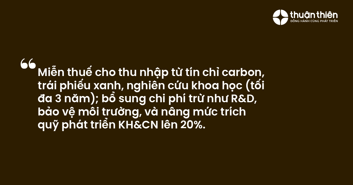Miễn thuế cho thu nhập từ tín chỉ carbon, trái phiếu xanh, nghiên cứu khoa học (tối đa 3 năm); bổ sung chi phí trừ như R&D, bảo vệ môi trường, và nâng mức trích quỹ phát triển KH&CN lên 20%.