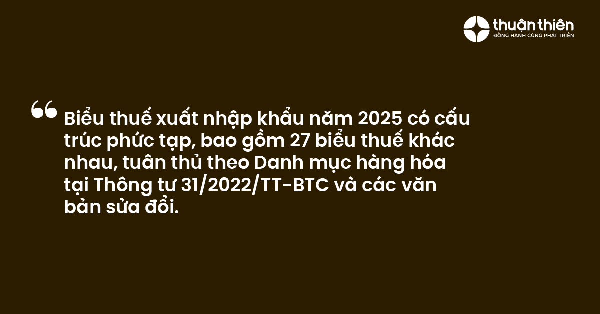 Biểu thuế xuất nhập khẩu năm 2025 có cấu trúc phức tạp, bao gồm 27 biểu thuế khác nhau, tuân thủ theo Danh mục hàng hóa tại Thông tư 31/2022/TT-BTC và các văn bản sửa đổi.