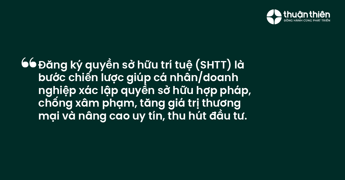Đăng ký quyền sở hữu trí tuệ (SHTT) là bước chiến lược giúp cá nhândoanh nghiệp xác lập quyền sở hữu hợp pháp, chống xâm phạm, tăng giá trị thương mại và nâng cao uy tín, thu hút đầu tư.