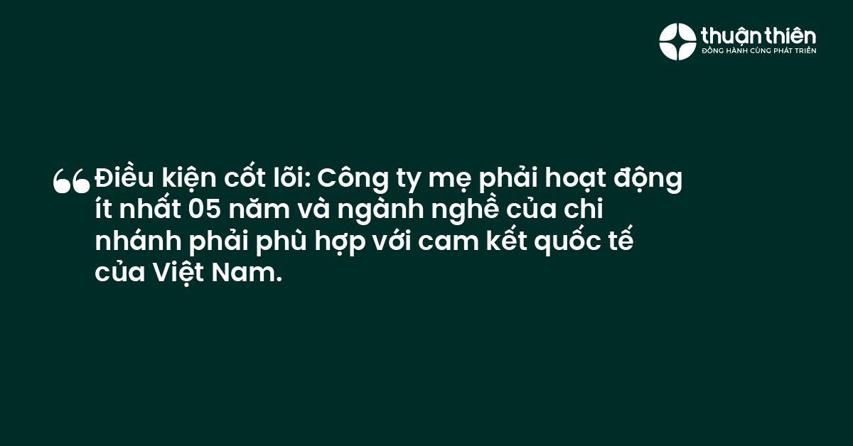 Điều kiện cốt lõi Công ty mẹ phải hoạt động ít nhất 05 năm và ngành nghề của chi nhánh phải phù hợp với cam kết quốc tế của Việt Nam.