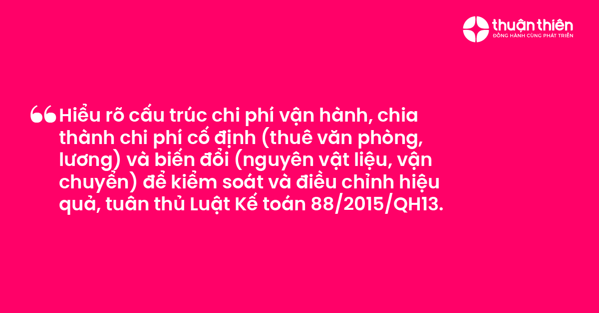 Hiểu rõ cấu trúc chi phí vận hành, chia thành chi phí cố định (thuê văn phòng, lương) và biến đổi (nguyên vật liệu, vận chuyển) để kiểm soát và điều chỉnh hiệu quả, tuân thủ Luật Kế toán 882015QH13.