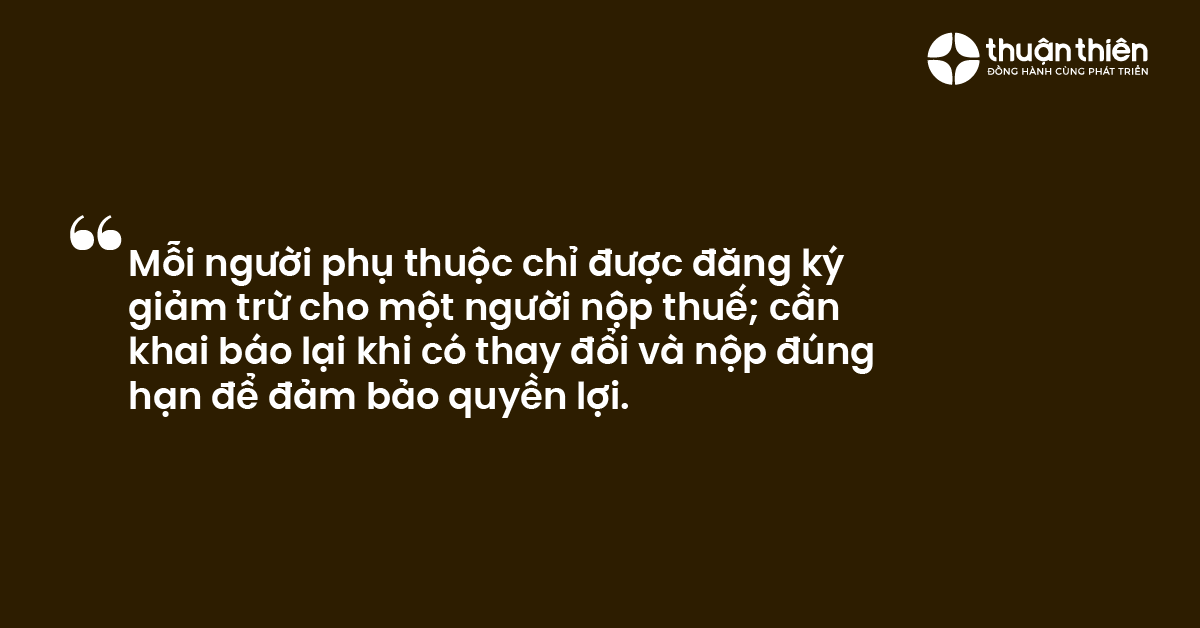 Mỗi người phụ thuộc chỉ được đăng ký giảm trừ cho một người nộp thuế; cần khai báo lại khi có thay đổi và nộp đúng hạn để đảm bảo quyền lợi.