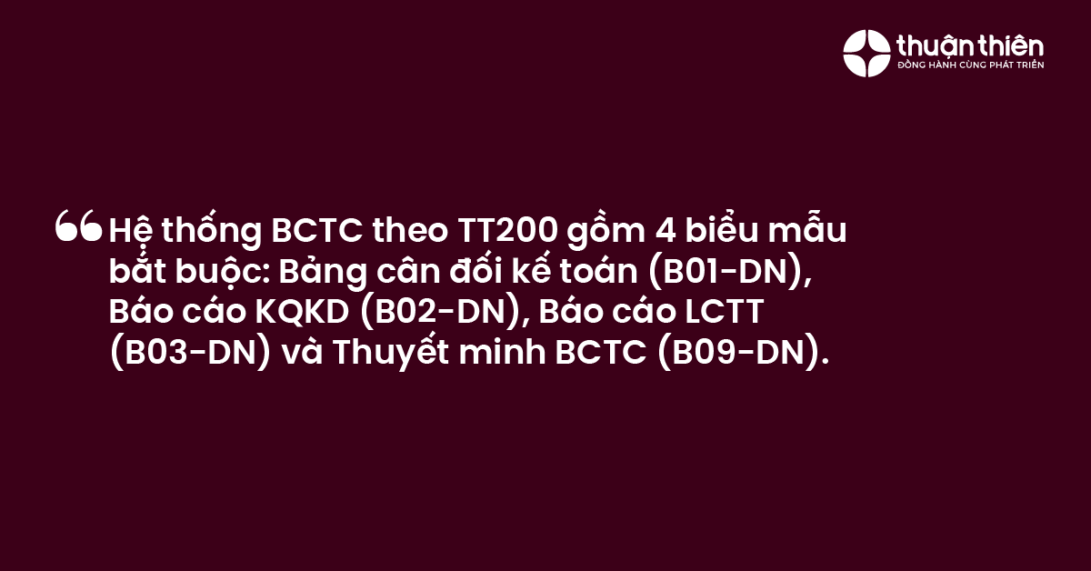 Hệ thống BCTC theo TT200 gồm 4 biểu mẫu bắt buộc Bảng cân đối kế toán (B01-DN), Báo cáo KQKD (B02-DN), Báo cáo LCTT (B03-DN) và Thuyết minh BCTC (B09-DN).