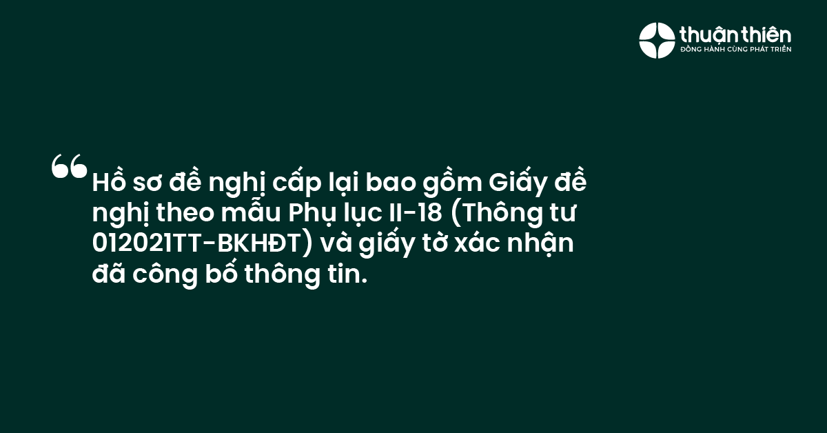 Hồ sơ đề nghị cấp lại bao gồm Giấy đề nghị theo mẫu Phụ lục II-18 (Thông tư 012021TT-BKHĐT) và giấy tờ xác nhận đã công bố thông tin.