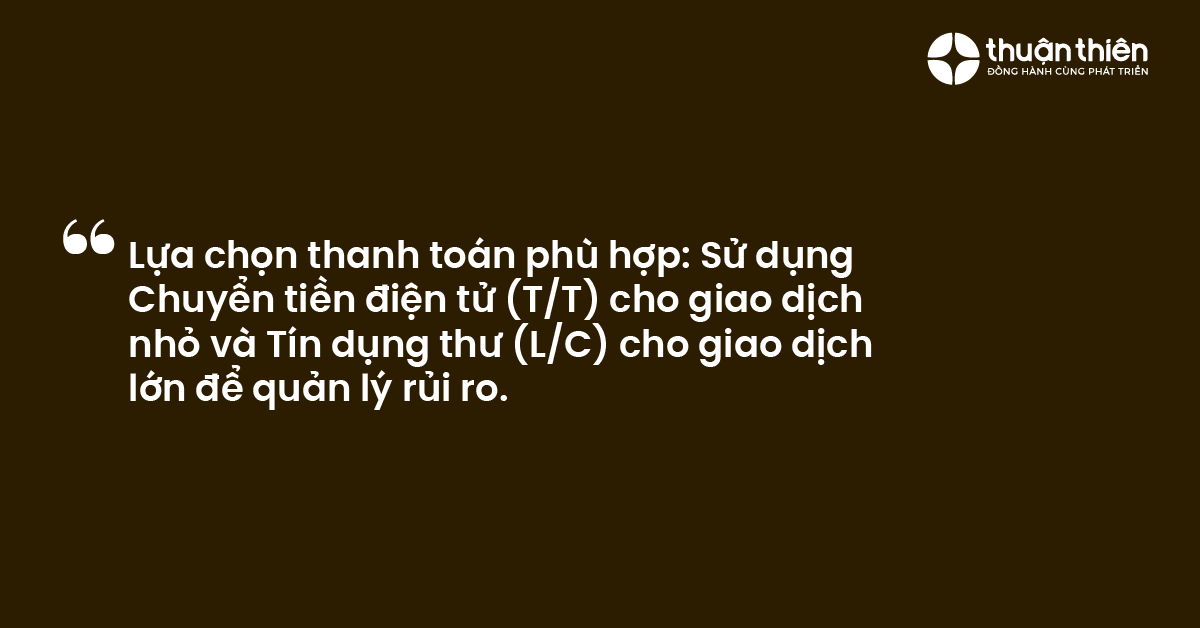 Lựa chọn thanh toán phù hợp: Sử dụng Chuyển tiền điện tử (T/T) cho giao dịch nhỏ và Tín dụng thư (L/C) cho giao dịch lớn để quản lý rủi ro.